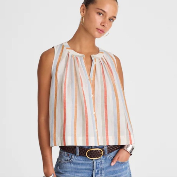 Madewell Button-Front Tank in Linen-Cotton brown Red Blue Stripe - Picture 1 of 6